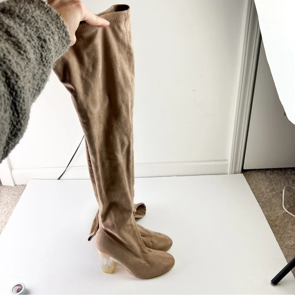 Truffle Collection Boots womens 8.5 Tan Knee High Theda Clear Heel Pull On